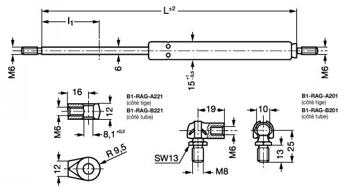 Ressort à gaz - Tige diamètre 6 filetée - Plan