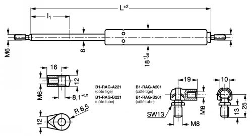 Ressort à gaz - Tige diamètre 8 filetée - Plan