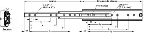 Glissière inox - Course + 100% - Plan