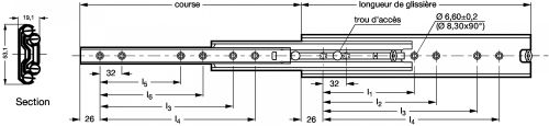 Glissière aluminium - Course + 100% - Plan