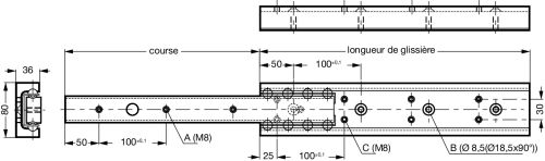 Glissière aluminium - Course 75% - Plan