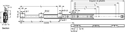 Glissière inox avec équerre - Course + 100% - Plan