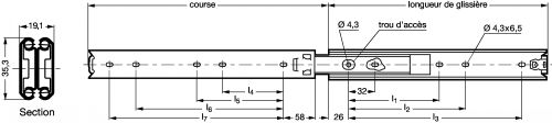 Glissière inox - Course + 100% - Plan