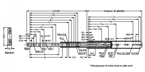 Glissière - Course 100% - jusqu'a 1,5m - Plan