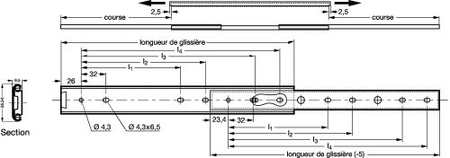 Glissière double - Course 75% - Plan