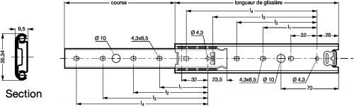 Glissière inox - Course 75% - Plan