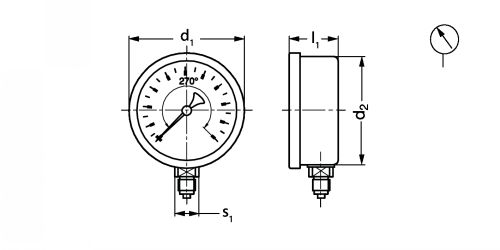 Manomètre tout inox à bain raccord en bas - Plan diam. 63