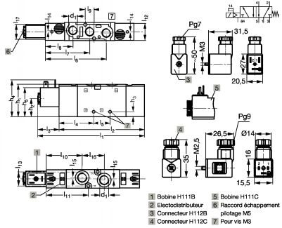 Distributeur compact en ligne 5/2 mono - Plan