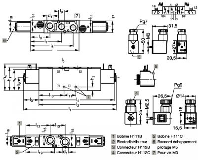 Distributeur compact en ligne 5/3COP-E/E - Plan