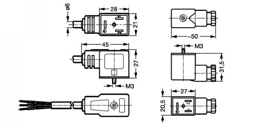 Connecteur avec câble ou connecteur femelle - Plan