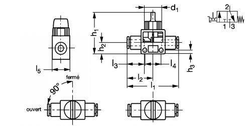 Mini vanne 3/2 à raccords instantanés - Plan