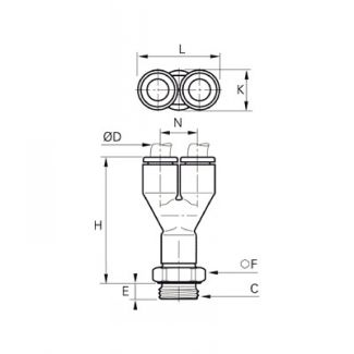 Piquage en Y simple mâle BSP cylindrique et métrique - LEGRIS 3158 - Plan