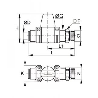 Mini-robinet droit 3/2 avec purge mâle cylindrique et connexion instantanée - LEGRIS 7914 - Plan