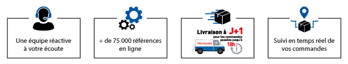 Une équipe réactive + de 35 000 références en stock - Livraison à J+1 - Suivi colis